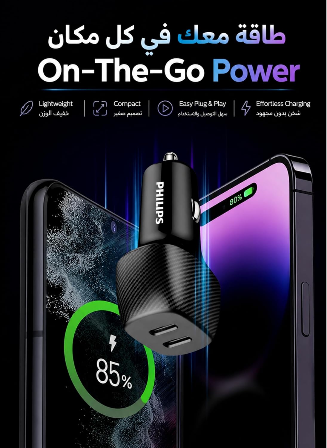 فيليبس شاحن سيارة بمنفذين USB-C بقدرة 60 واط، محول شحن سريع مع حماية ذكية، شحن متزامن للهواتف والتابلت، شاحن سيارة عالمي 20 فولت، DLP5522C، اسود