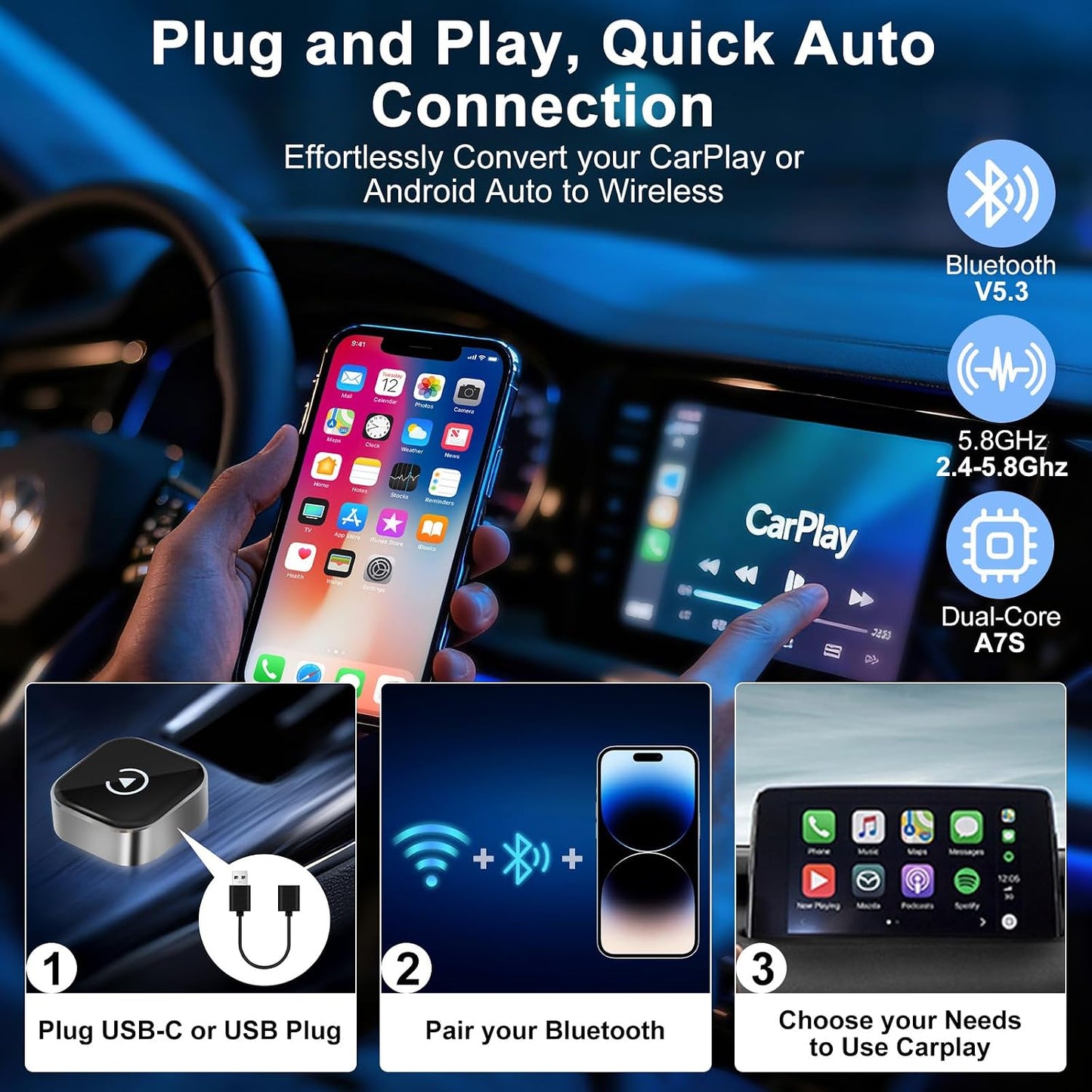 Wireless CarPlay Adapter for iPhone & Android Auto 2-in-1, Upgrade Wired to Wireless with Auto-Connect, Plug & Play USB/Type C for Cars with Built-in Wired CarPlay, Lifetime OTA Updates