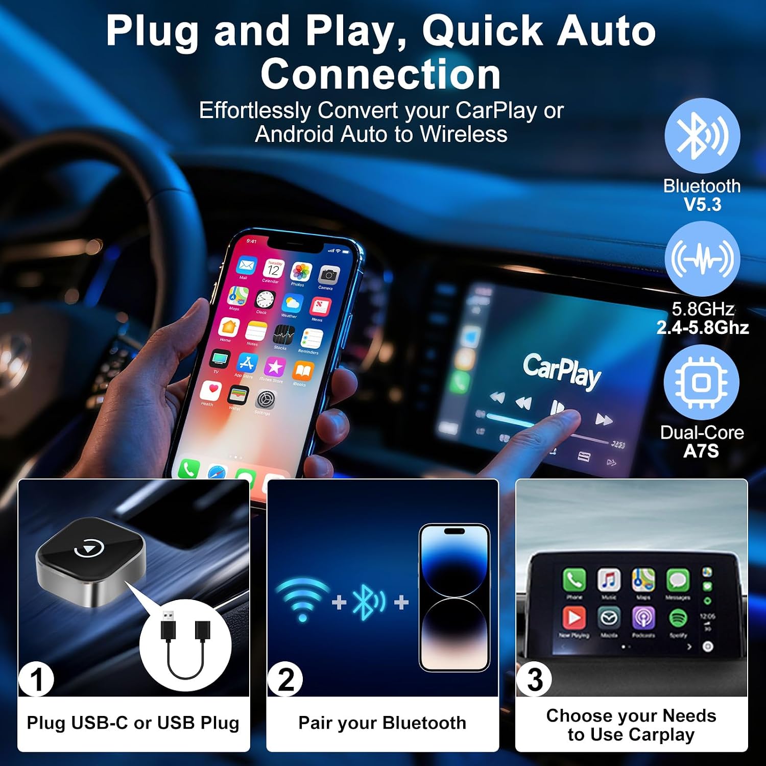 Wireless CarPlay Adapter for iPhone & Android Auto 2-in-1, Upgrade Wired to Wireless with Auto-Connect, Plug & Play USB/Type C for Cars with Built-in Wired CarPlay, Lifetime OTA Updates