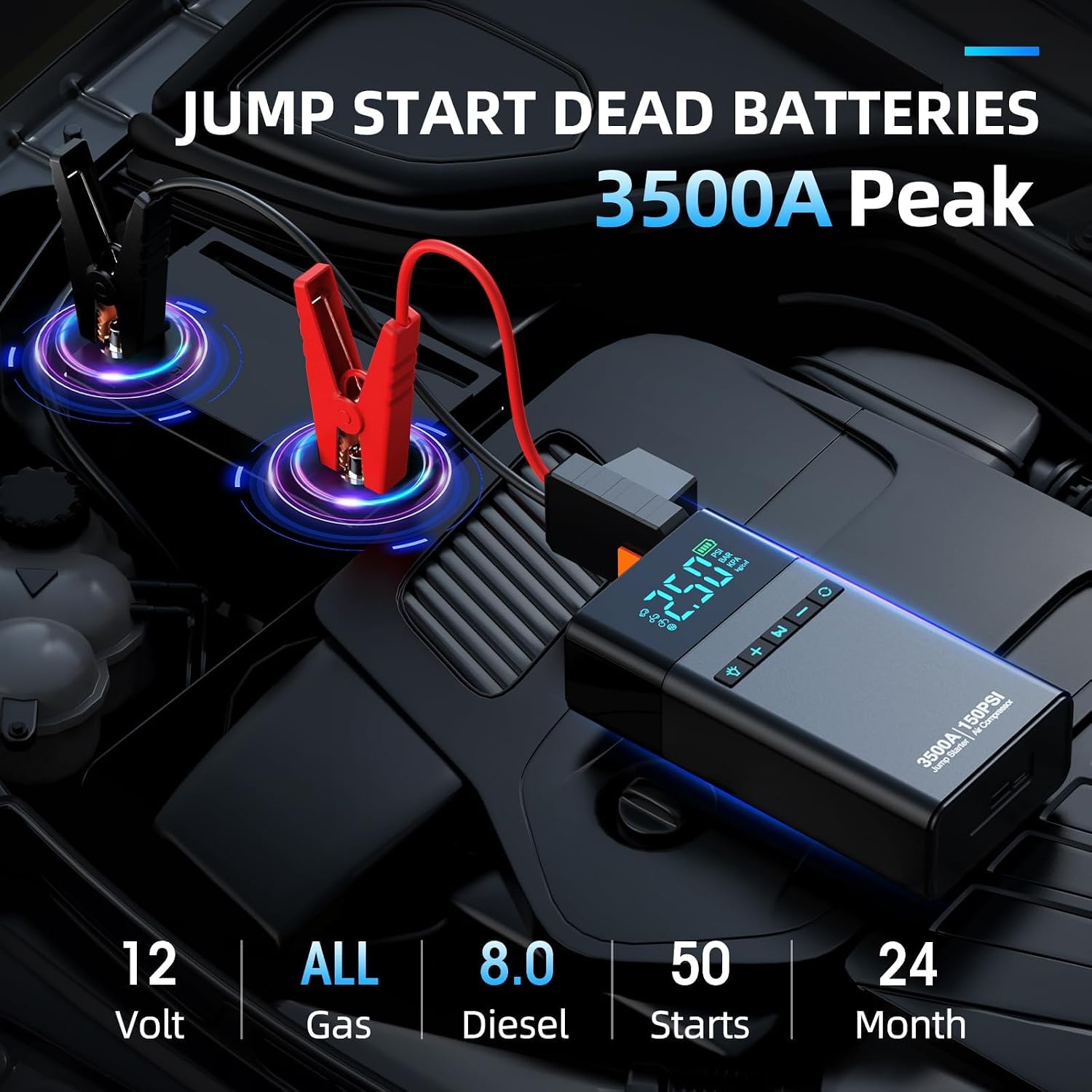 Violety Portable Car Jump Starter with Air Compressor, 3500A150PSI Car Battery Jump Starter Battery Pack (All Gas/5L Diesel),12V Automotive Jump Box Starter, Large LCD Display,2 Lights