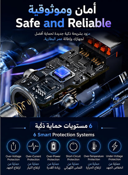 فيليبس شاحن سيارة بمنفذين USB-C بقدرة 60 واط، محول شحن سريع مع حماية ذكية، شحن متزامن للهواتف والتابلت، شاحن سيارة عالمي 20 فولت، DLP5522C، اسود