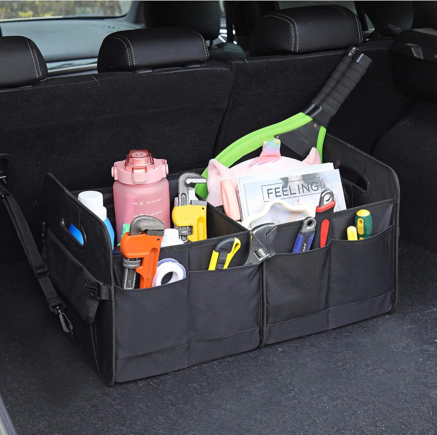 AOKJOY Car Trunk Organizer Car Storage Organizer Collapsible Multi Compartment Car Organizer Adjustable Straps Car Organizer for SUV(Black)