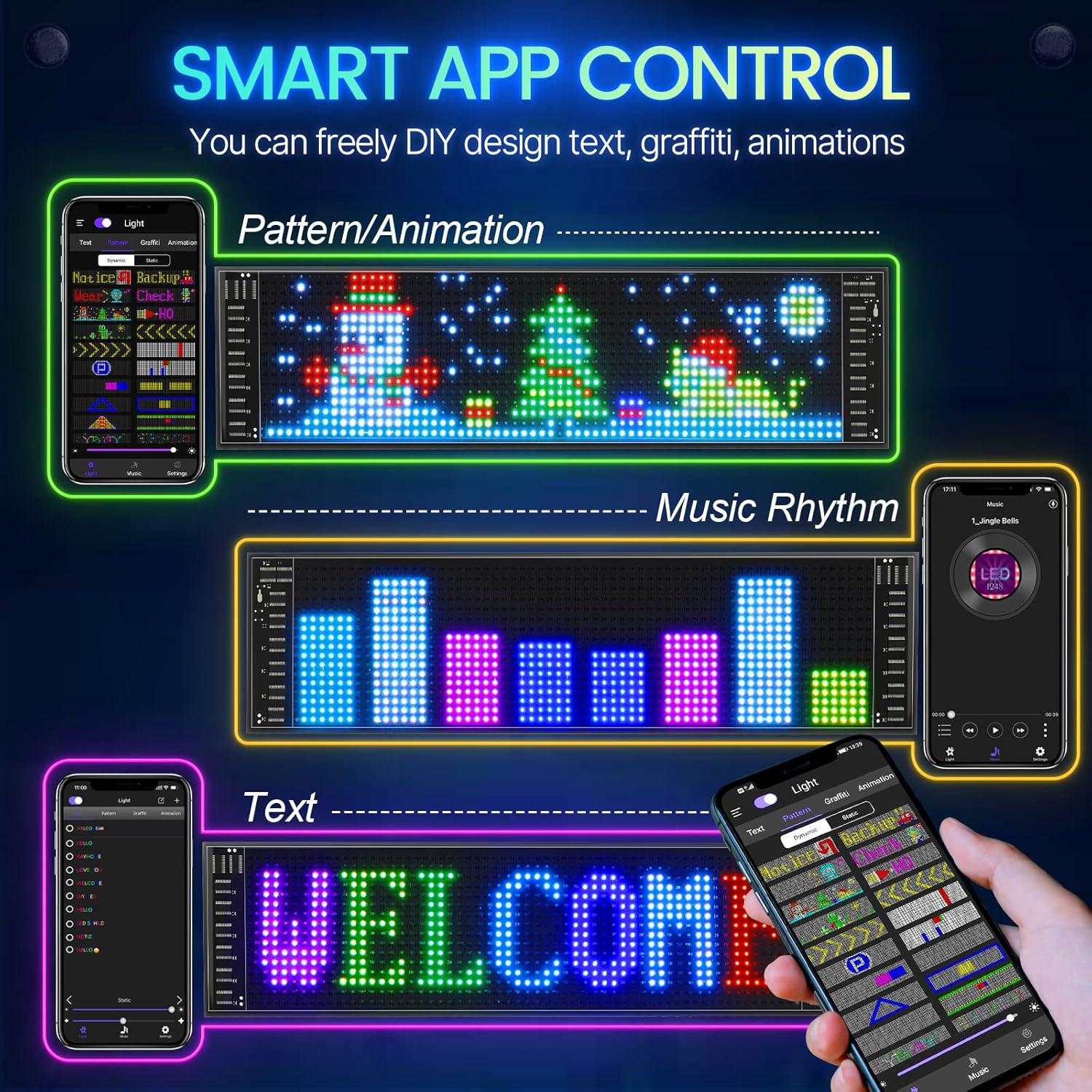 لافتة سيارة LED من فديكس - لوحة مصفوفة LED مرنة مقاس 14.6×3.6 بوصة، شاشة رقمية LED بتقنية RGB، تحكم بلوتوث وتطبيق، لافتة LED قابلة للبرمجة قابلة للتخصيص للتحكم الذاتي، لافتة LED مخصصة للسيارة والمتجر