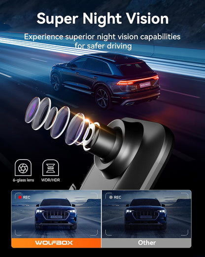 WOLFBOX G850 12" 4K Rear View Mirror Camera with 5.8GHz WiFi and Voice Control, Smart Mirror Dash Cam Front and Rear, Backup Camera with 1080P Rear Camera, Dash Cam with WDR, Includes 64GB Card & GPS