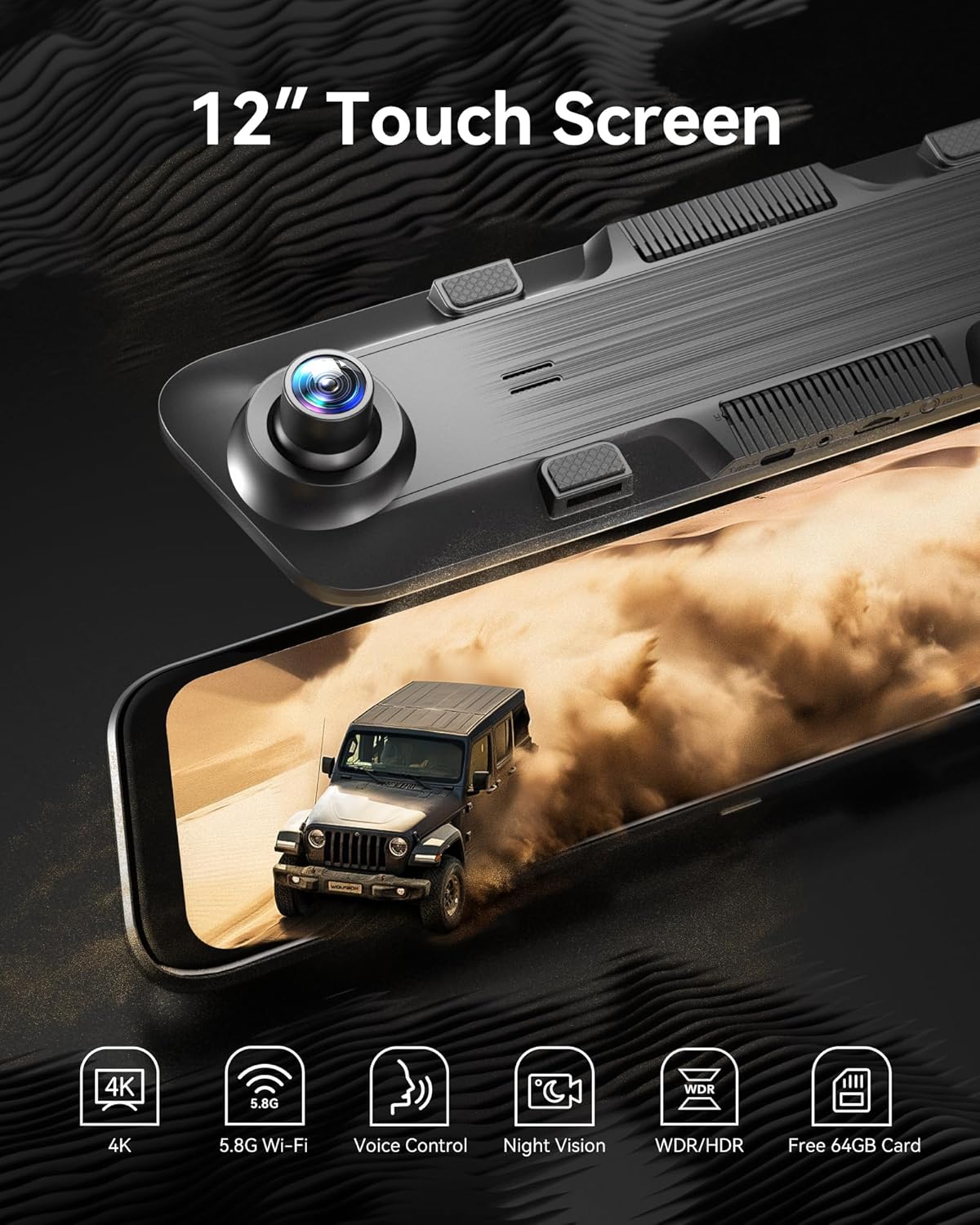 WOLFBOX G850 12" 4K Rear View Mirror Camera with 5.8GHz WiFi and Voice Control, Smart Mirror Dash Cam Front and Rear, Backup Camera with 1080P Rear Camera, Dash Cam with WDR, Includes 64GB Card & GPS