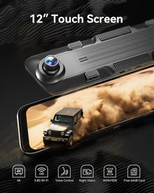 WOLFBOX G850 12" 4K Rear View Mirror Camera with 5.8GHz WiFi and Voice Control, Smart Mirror Dash Cam Front and Rear, Backup Camera with 1080P Rear Camera, Dash Cam with WDR, Includes 64GB Card & GPS