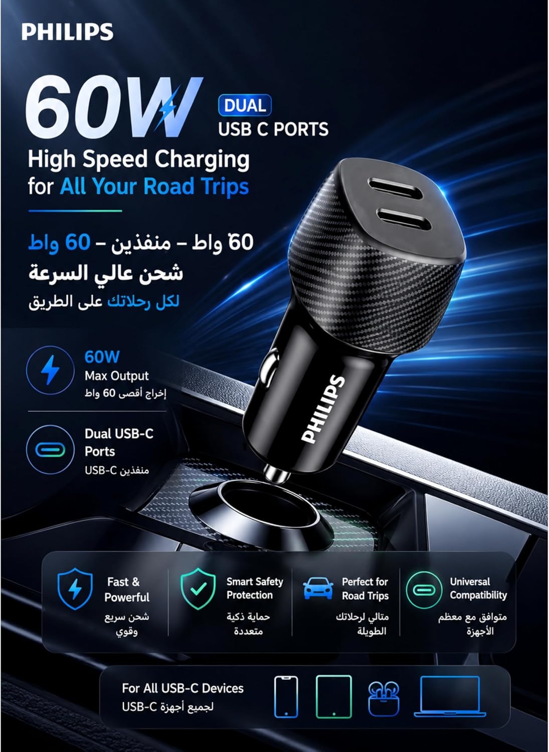فيليبس شاحن سيارة بمنفذين USB-C بقدرة 60 واط، محول شحن سريع مع حماية ذكية، شحن متزامن للهواتف والتابلت، شاحن سيارة عالمي 20 فولت، DLP5522C، اسود