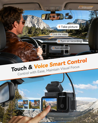 WOLFBOX X5 New 3 Channel 4K HDR Dash Cam, STARVIS 2 IMX678,4K+2.5K+1080P Front and Rear Inside Car Camera with 128GB Card, Voice Control, 5.8GHz WiFi GPS, Touch Screen, Digital Signal, Support 512GB