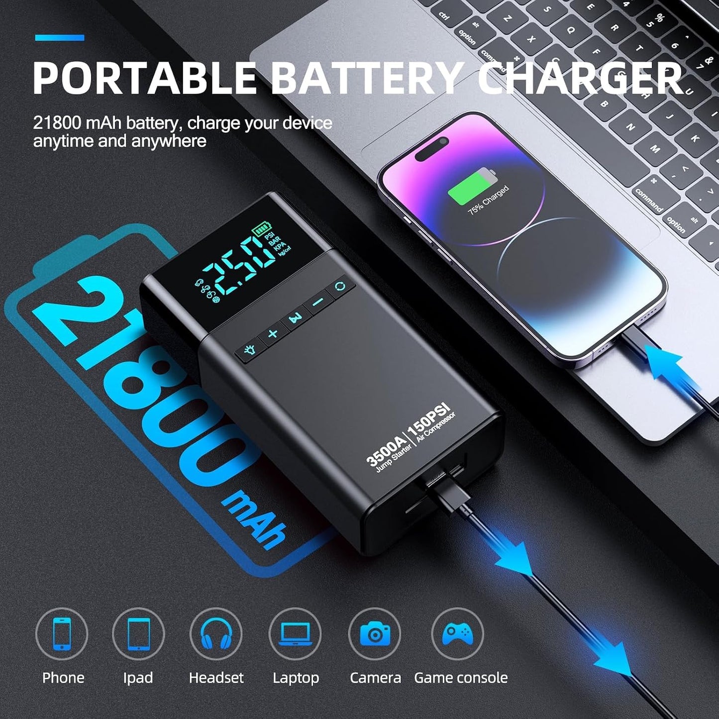 Violety Portable Car Jump Starter with Air Compressor, 3500A150PSI Car Battery Jump Starter Battery Pack (All Gas/5L Diesel),12V Automotive Jump Box Starter, Large LCD Display,2 Lights