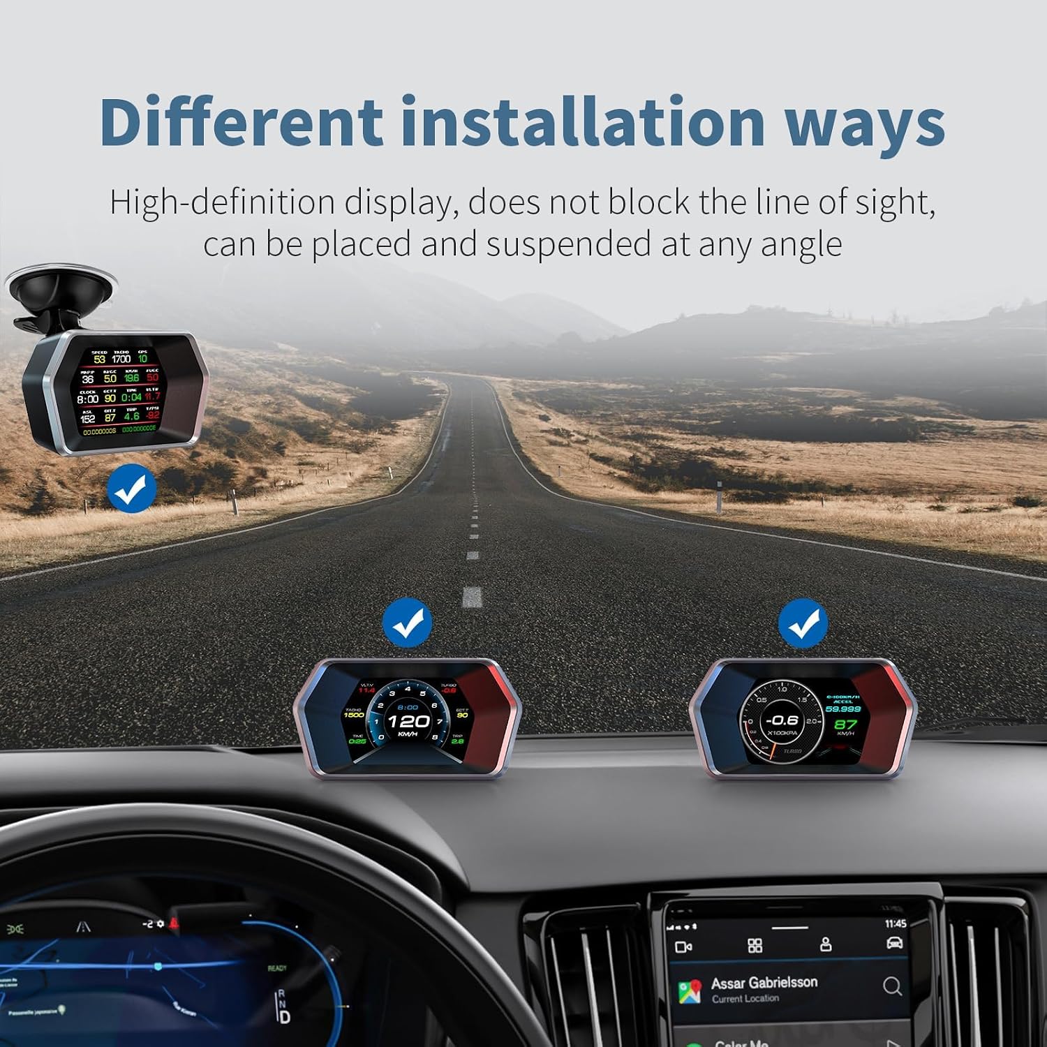 بينكي شاشة عرض أمامية P17 للسيارات، شاشة عرض OBD2 ذكية للسيارة، عداد سرعة GPS مع سرعة المركبة، عدد الدورات في الدقيقة، استهلاك الوقود، الجهد الكهربي، أداة ذكية متعددة البيانات لجميع السيارات