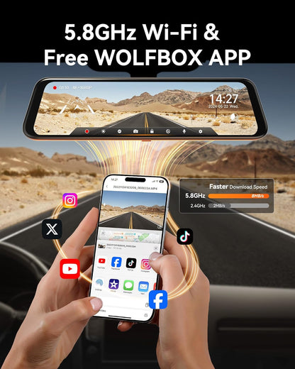 WOLFBOX G850 12" 4K Rear View Mirror Camera with 5.8GHz WiFi and Voice Control, Smart Mirror Dash Cam Front and Rear, Backup Camera with 1080P Rear Camera, Dash Cam with WDR, Includes 64GB Card & GPS