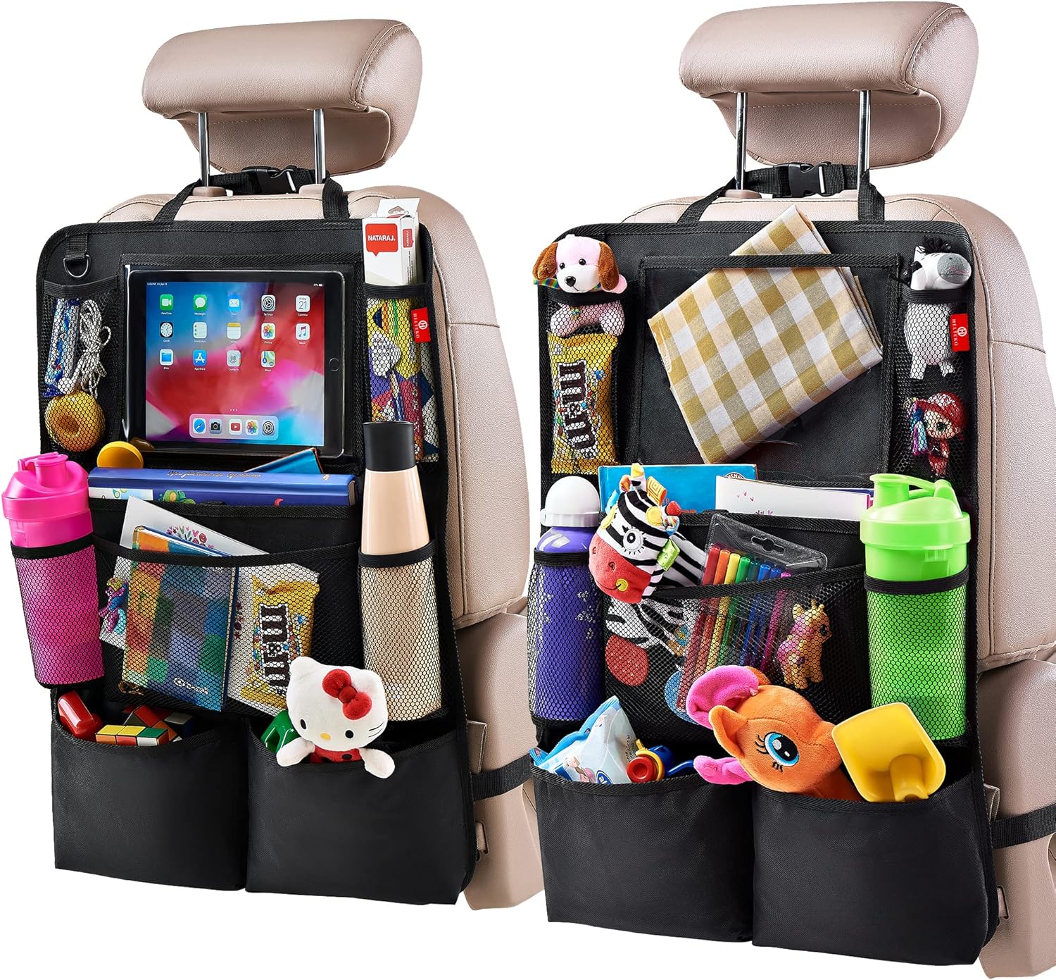 Helteko H Backseat Car Organizer, Kick Mats Back Seat Protector with Touch Screen Tablet Holder, Car Back Seat Organizer for Kids, Car Travel Accessories, Kick Mat with 9 Storage Pockets 2 Pack