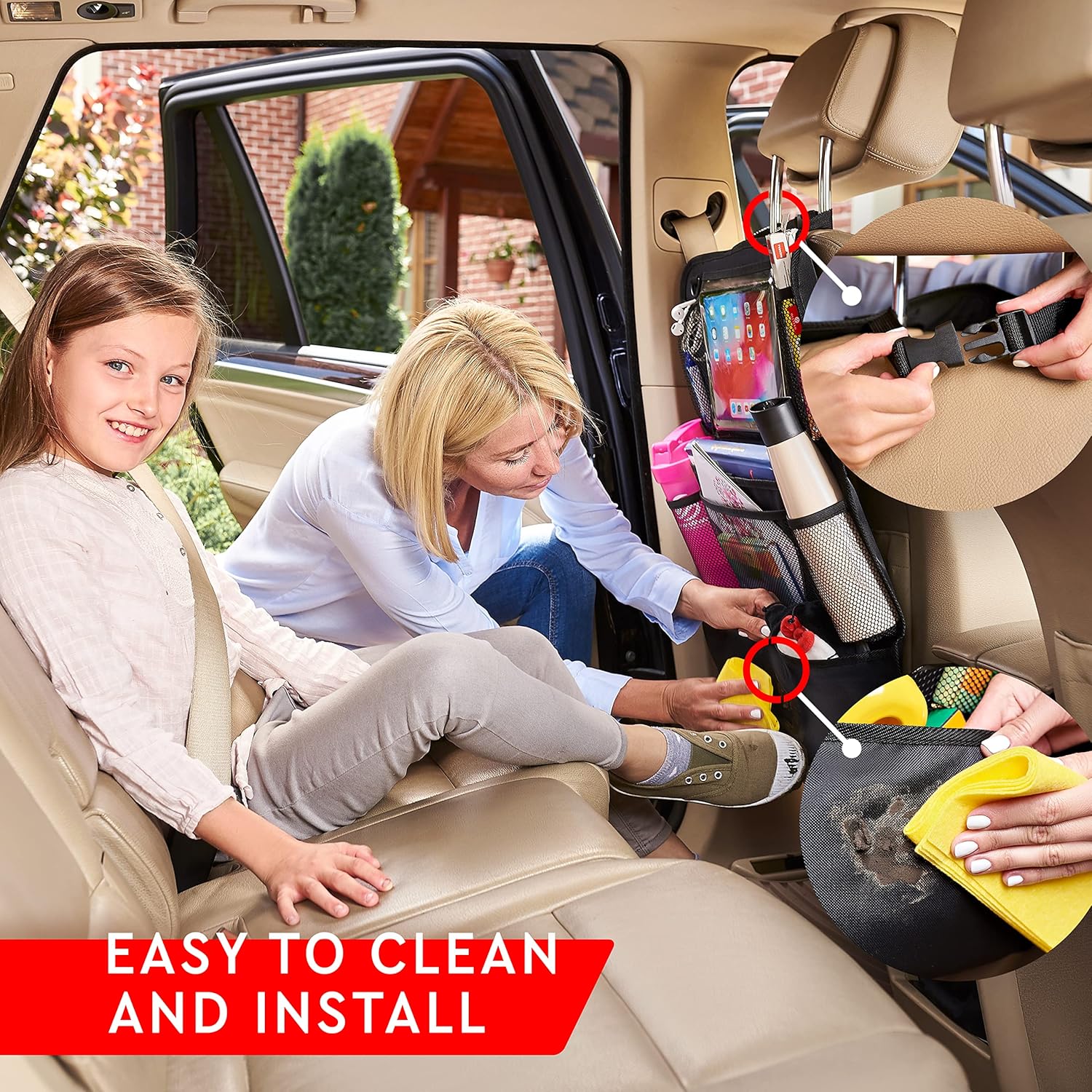 Helteko H Backseat Car Organizer, Kick Mats Back Seat Protector with Touch Screen Tablet Holder, Car Back Seat Organizer for Kids, Car Travel Accessories, Kick Mat with 9 Storage Pockets 2 Pack