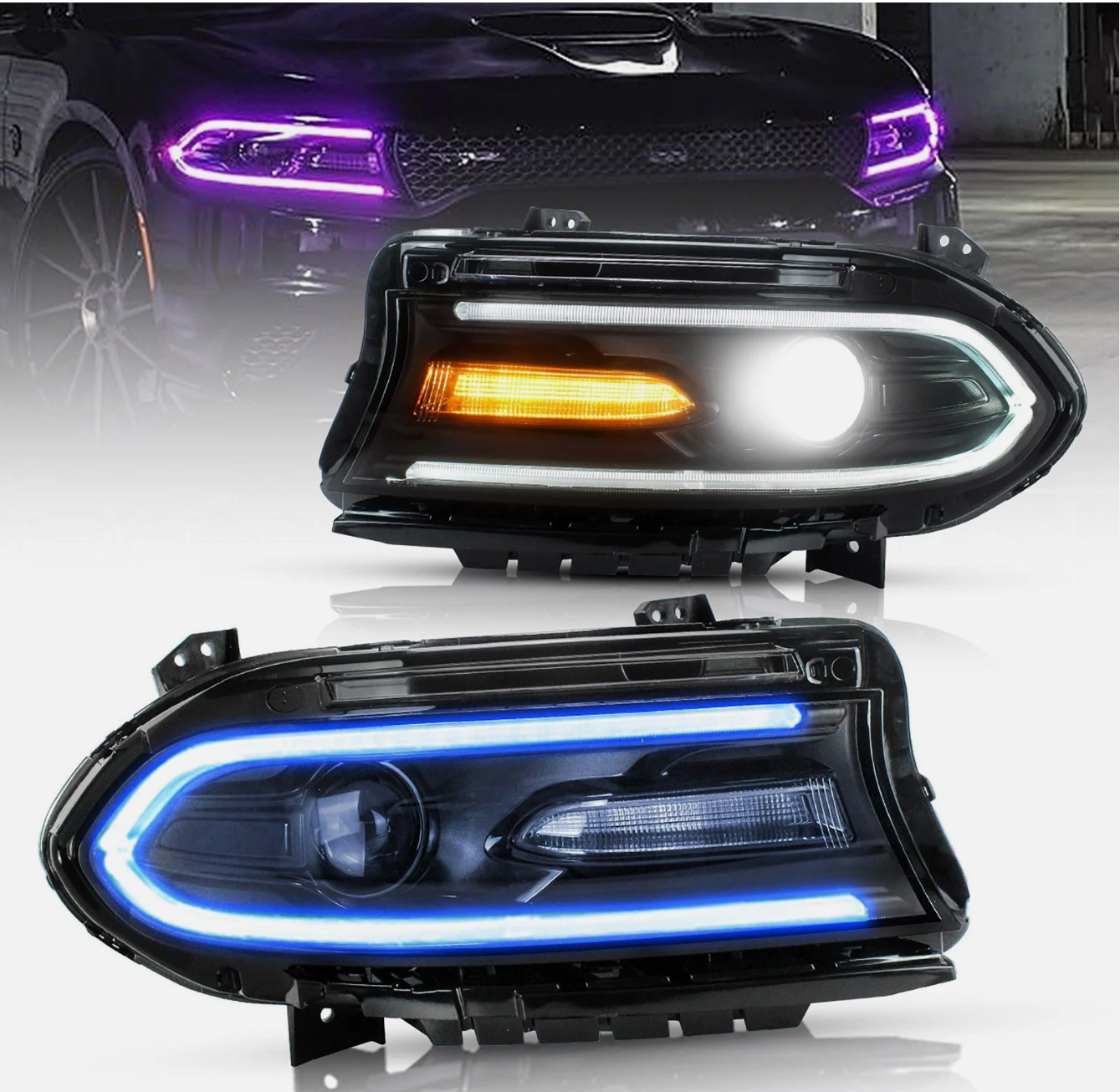 Dodge Charger 2015-2021 RGB LED Projector Headlight Black Housing