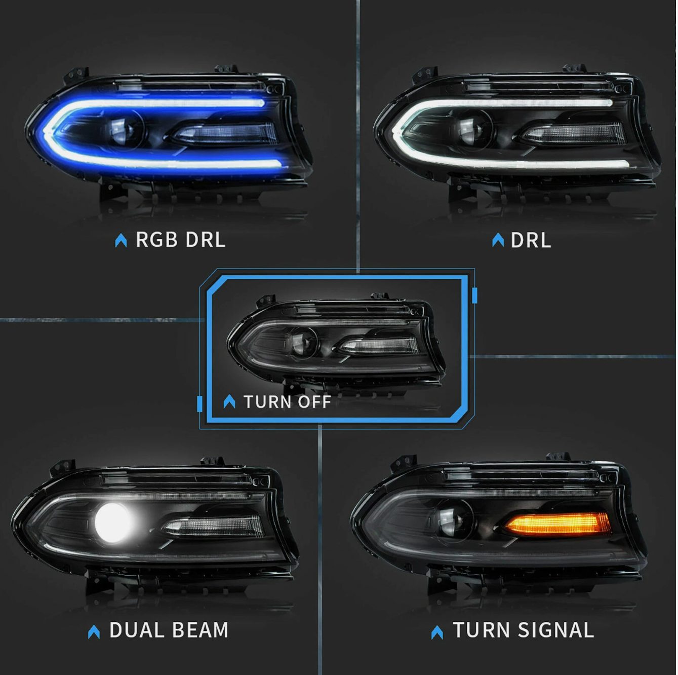 Dodge Charger 2015-2021 RGB LED Projector Headlight Black Housing